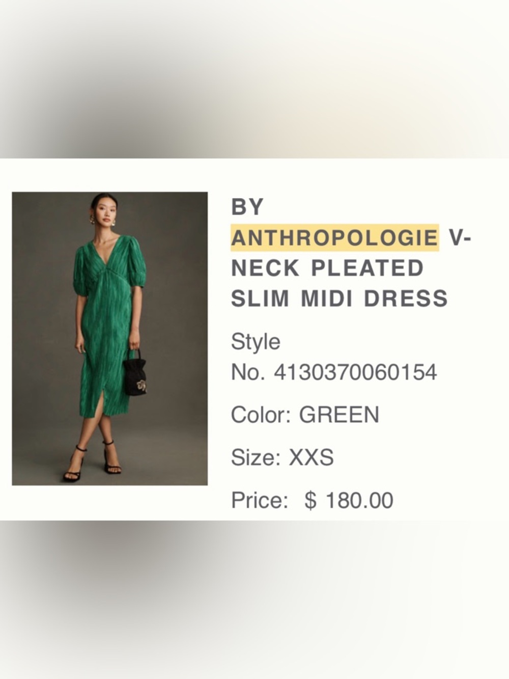 Anthropologie Emerald Green Pleated Midi Dress